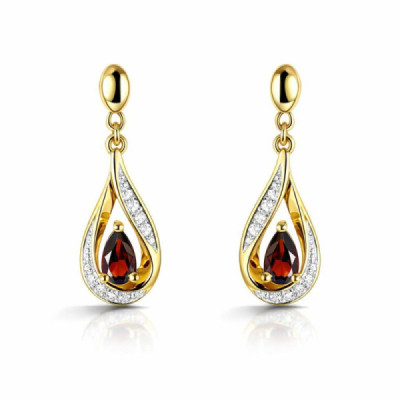 Earrings Drop Yellow Gold 375 Garnet poire 5x3mm and Diamonds
