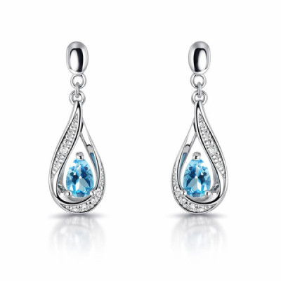 Earrings Drop White Gold 375 Topaz blue treated poire 5x3mm and Diamonds